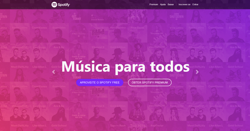 Imagem do projeto 'Landing Page do Spotify', que apresenta a aparência da página inicial do serviço de streaming de música Spotify. O cabeçalho da página inclui o logotipo do Spotify na parte superior esquerda e cinco links na parte superior direita: 'Premium', 'Ajuda', 'Baixar', 'Inscrever-se' e 'Entrar'. No centro da página, há um carrossel com o título 'Música para todos' e abaixo, dois botões: 'Aproveite o Spotify Free' e 'Obter Spotify Premium'. O projeto foi desenvolvido utilizando tecnologias web como HTML, CSS e JavaScript com o objetivo de replicar a aparência da página inicial do Spotify e fornecer uma experiência similar aos usuários.